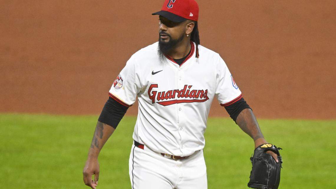 Cleveland Guardians relief pitcher Emmanuel Clase (48) reacts after giving up a hit in the ninth inning against the Kansas City Royals at Progressive Field on April 12.