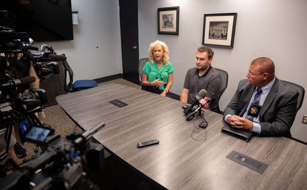 Elaine Scheidecker, John Paul Scheidecker’s mother, speaks at a press conference press conference at the Clay County Sheriff’s Office on Tuesday, July 30, the one-year anniversary of John Paul’s death.