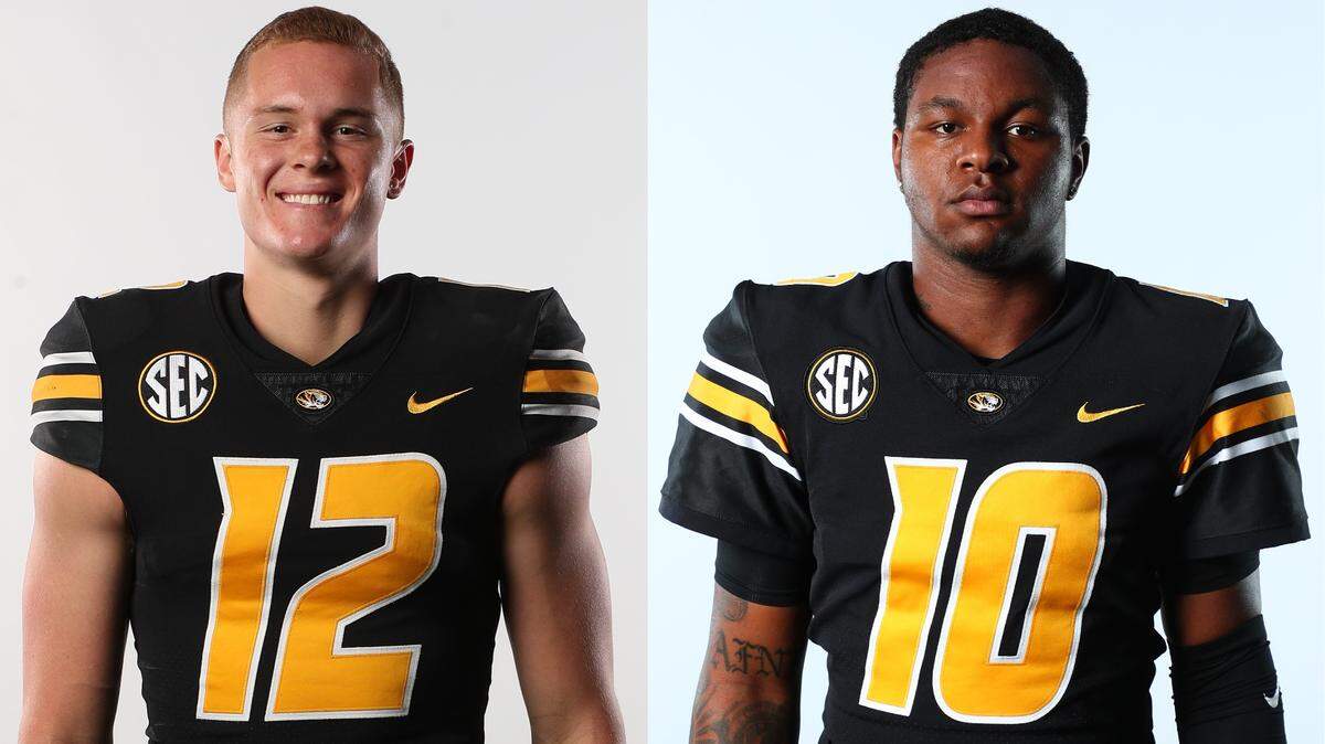Mizzou Tigers quarterbacks Brady Cook (left) and Tyler Macon