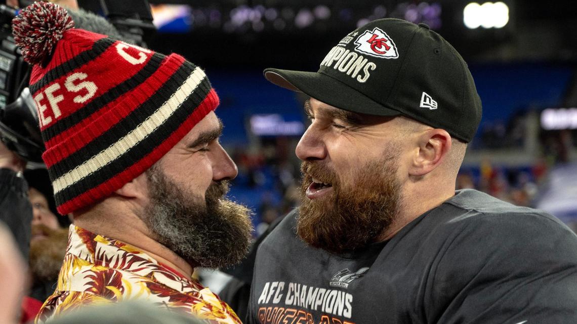 Kansas City Chiefs tight end Travis Kelce, right, celebrates with his brother, Jason, after the Chiefs defeated the Baltimore Ravens 17-10 in the AFC Championship Game on Sunday, Jan. 28, 2024, in Baltimore.