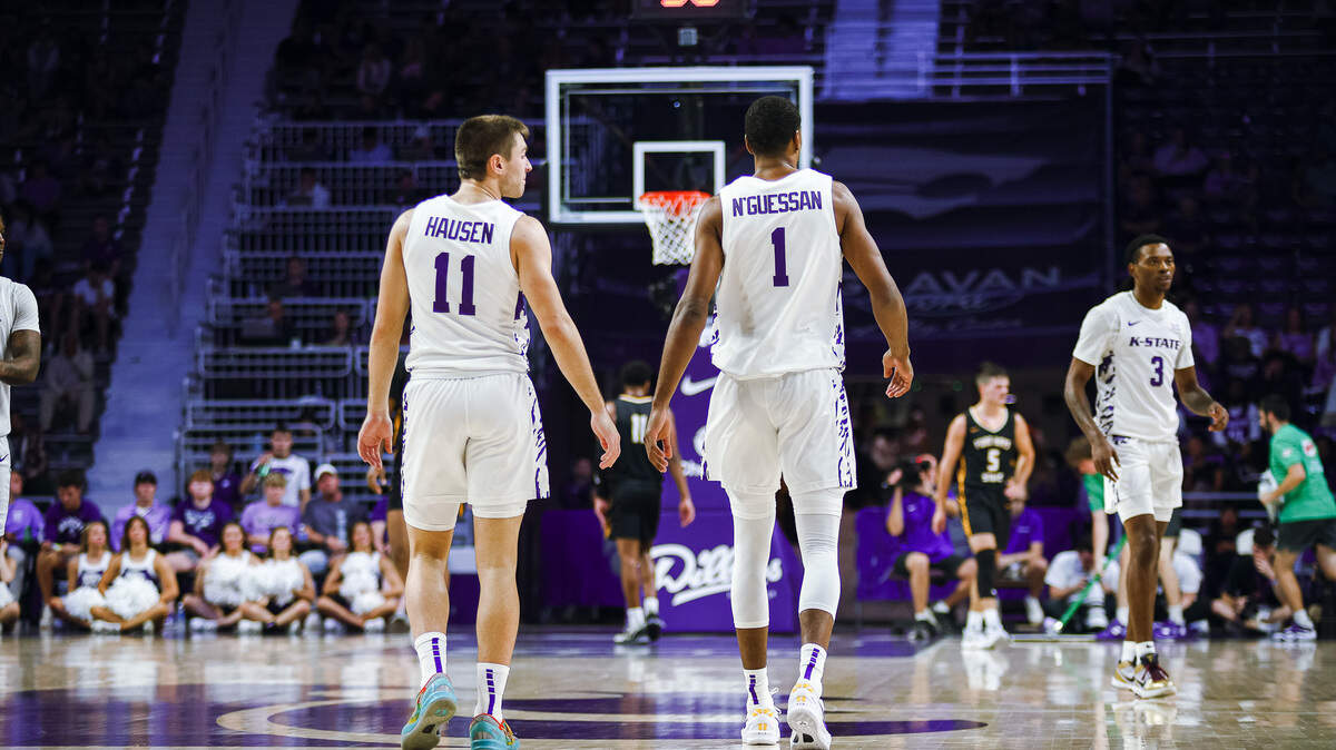 K-State basketball’s Brendan Hausen and David N’Guessan during an exhibition game against Fort Hays State on Oct. 29, 2024.
