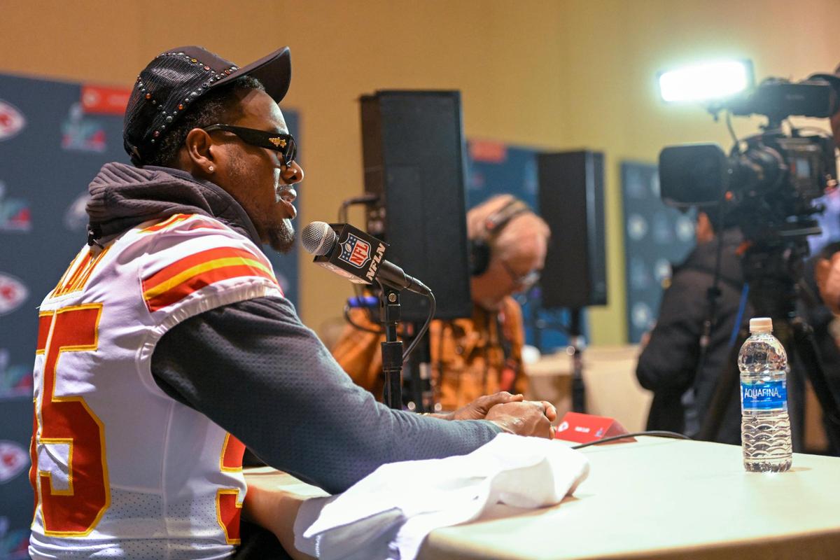 Kansas City Chiefs defensive end Frank Clark (55) answers questions during the team’s media availability Thursday, Feb. 9, 2023, in Scottsdale, Arizona.
