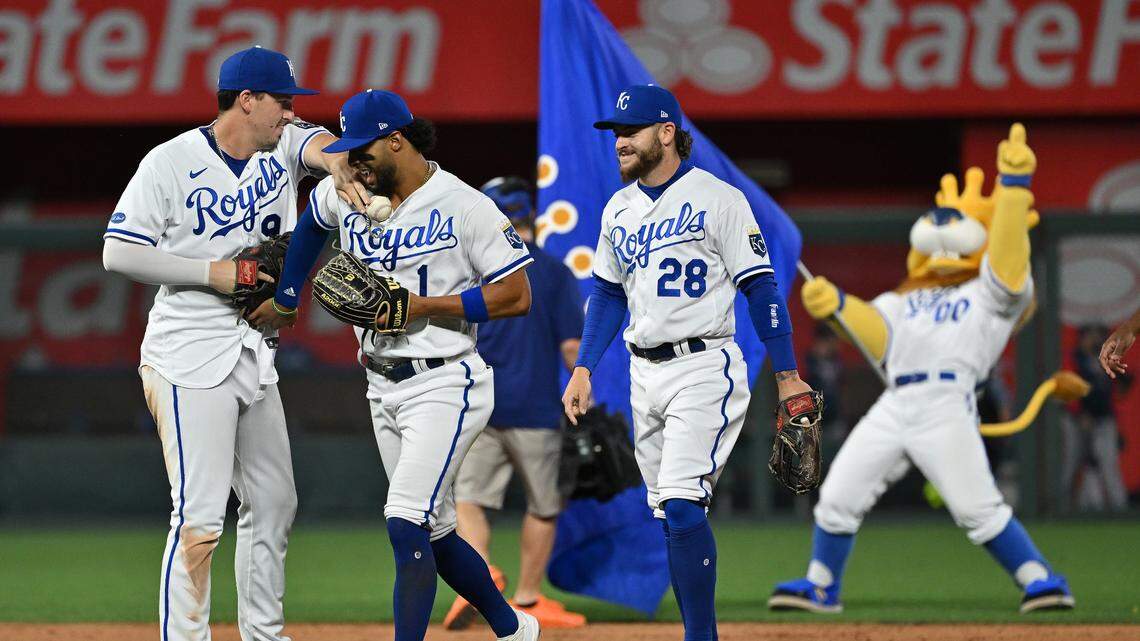 Kansas City Royals first baseman Vinnie Pasquantino (9), left fielder MJ Melendez (1) and right fielder Kyle Isbel (28) celebrate after beating the Minnesota Twins at Kauffman Stadium on Sept. 21, 2022.