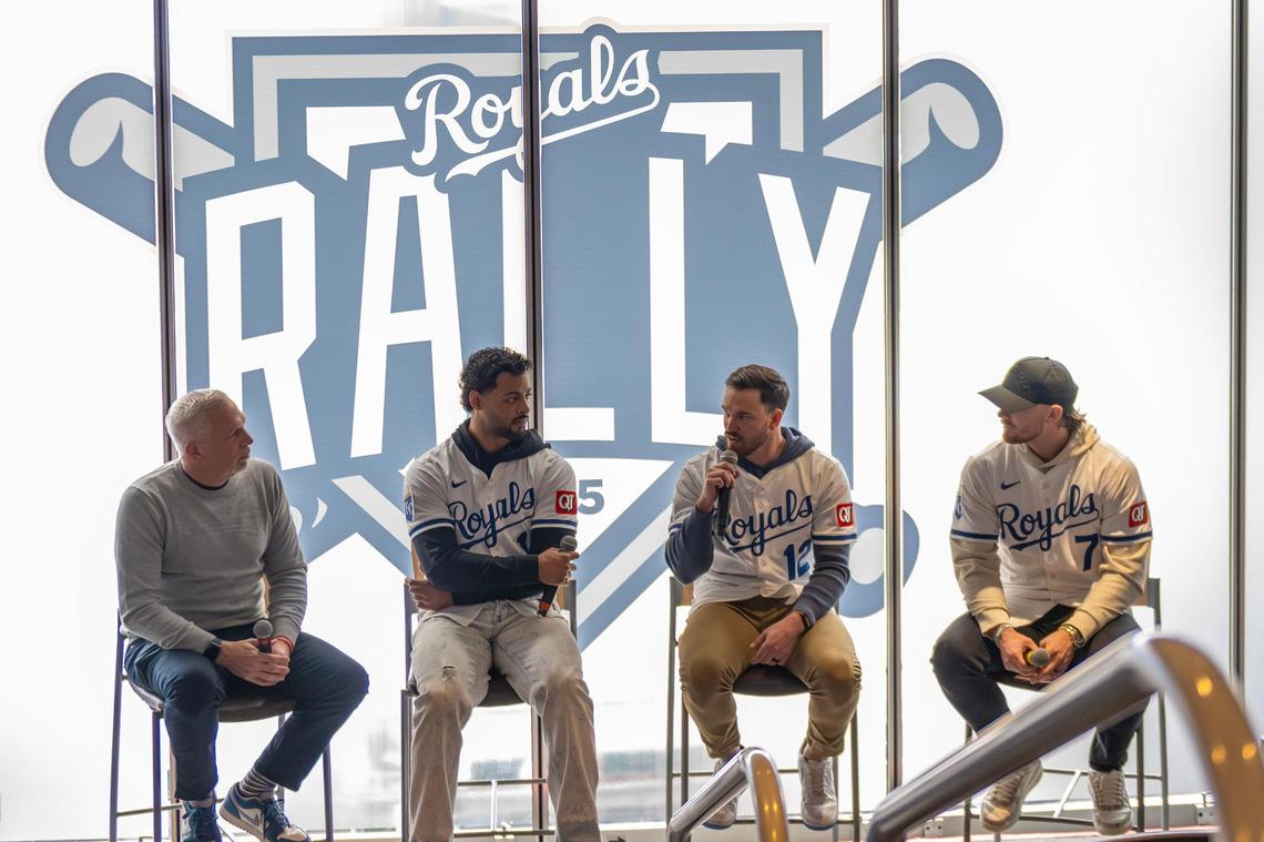 Kansas City Royals left fielder MJ Melendez, infielder Nick Loftin and shortstop Bobby Witt Jr. speak during a session at the Royals Rally Fan Fest at Kauffman Stadium on Saturday, Feb. 1, 2025, in Kansas City.