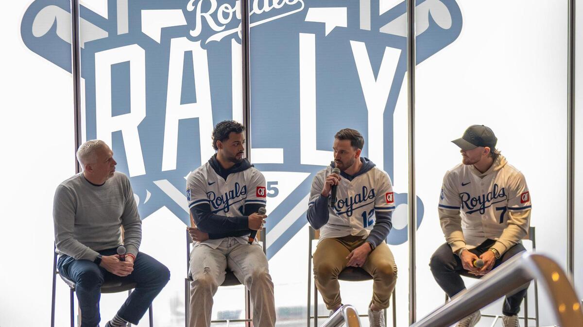 Kansas City Royals left fielder MJ Melendez, infielder Nick Loftin and shortstop Bobby Witt Jr. speak during a session at the Royals Rally Fan Fest at Kauffman Stadium on Saturday, Feb. 1, 2025, in Kansas City.