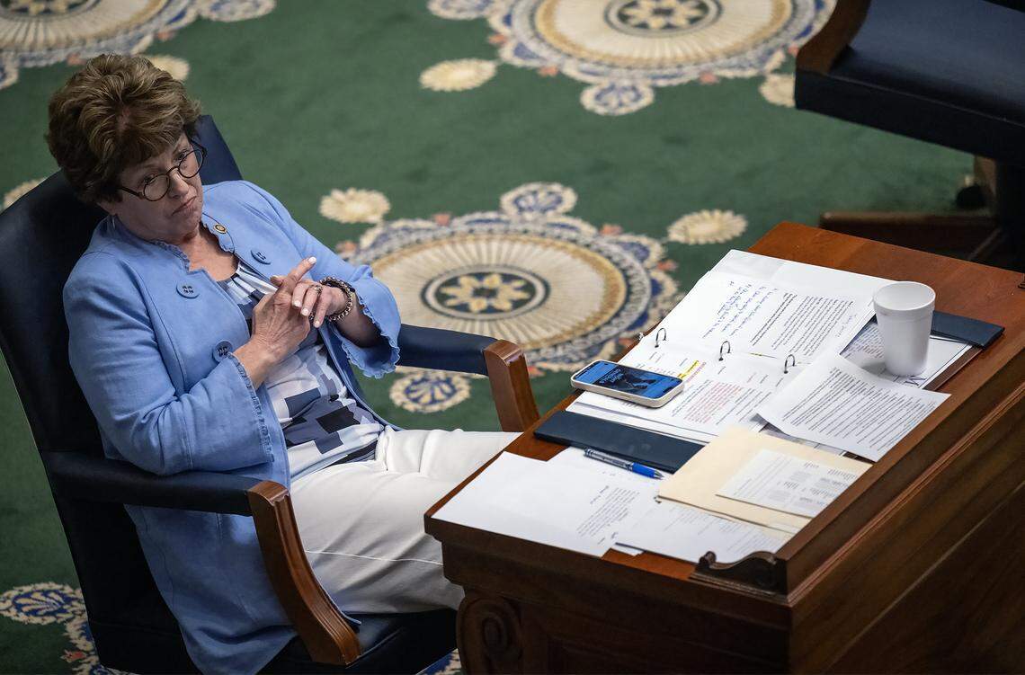 Senate President Pro Tem Cindy O'Laughlin, a Shelbina Republican, listens to comments in the Senate chambers regarding the a gerrymandered congressional map at the Missouri Capitol on Wednesday, Sept. 10, 2025, in Jefferson City, Missouri.