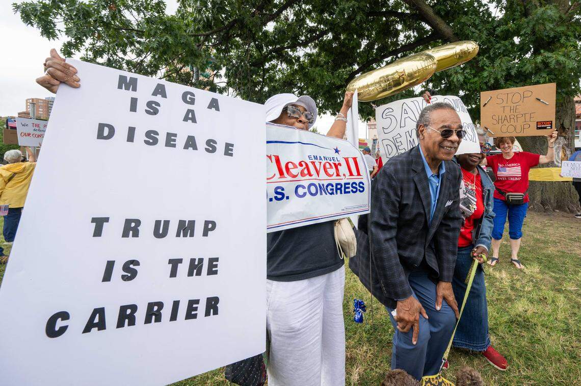 Rep. Emanuel Cleaver II (MO-5) poses for a photo with supporters during a Labor Day rally put together by several labor unions and organizations, on Monday, Sept. 1, 2025, at Mill Creek Park in Kansas City.