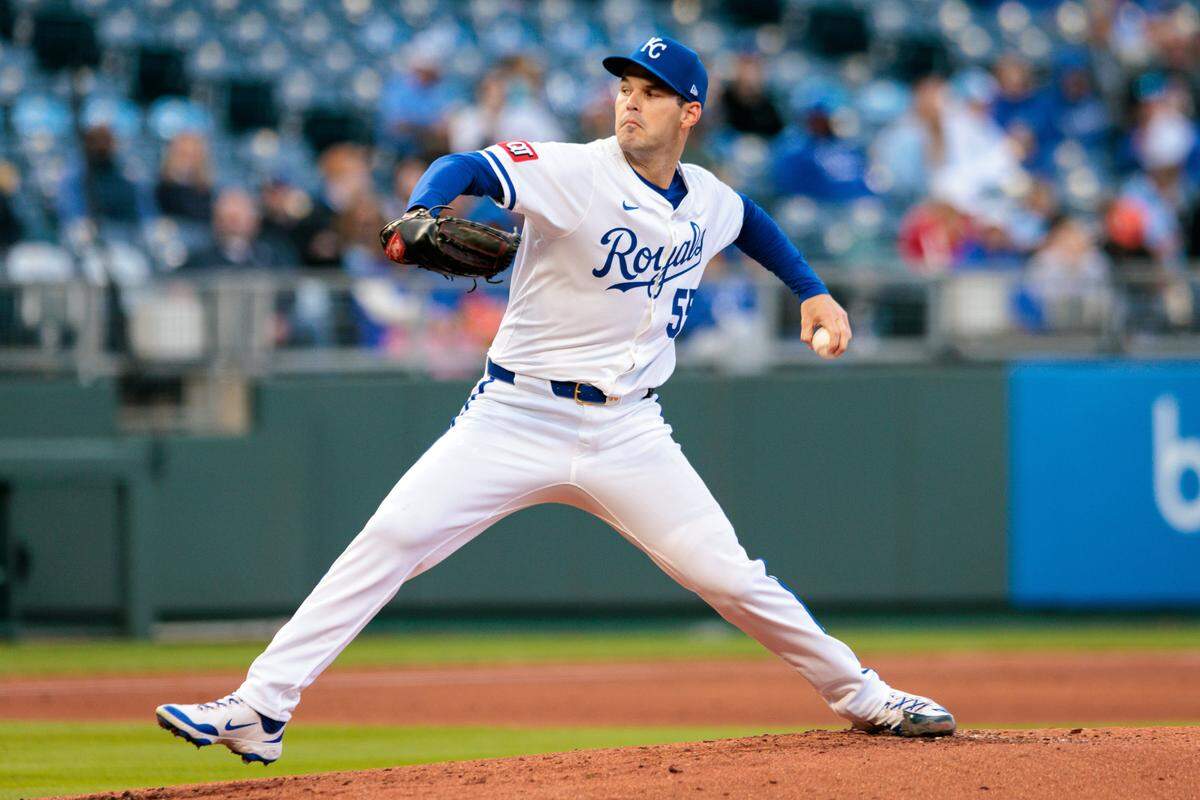 Kansas City Royals pitcher Cole Ragans (55) during the first inning against the Minnesota Twins at Kauffman Stadium on April 8, 2025.