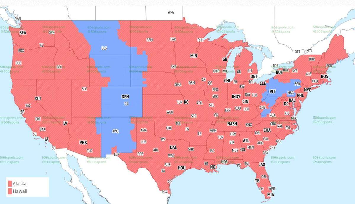 The Chiefs-Bengals game will be seen in areas in red while Broncos-Steelers broadcast will be shown in the blue area.
