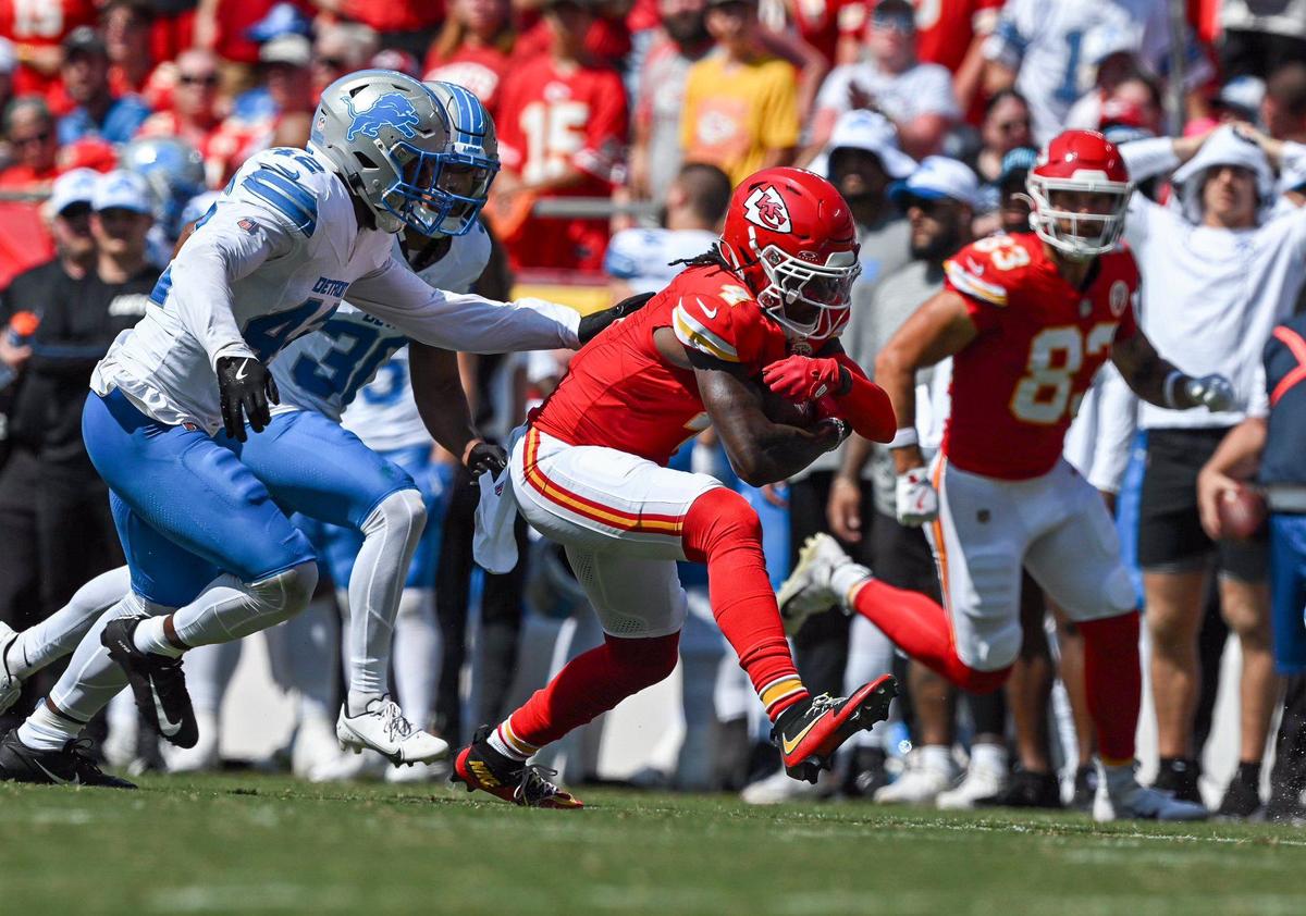 Kansas City Chiefs wide receiver Rashee Rice (4) makes some yardage after catching a pass in the first quarter Saturday against the Detroit Lions. (081724, Arrowhead Stadium)