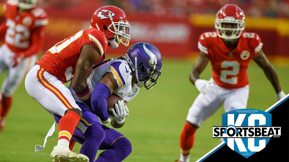 Kansas City Chiefs cornerback Deandre Baker (30) tackled Minnesota running back Ameer Abdullah (31) during preseason game action on Friday, Aug. 27, at GEHA Field at Arrowhead Stadium in Kansas City.
