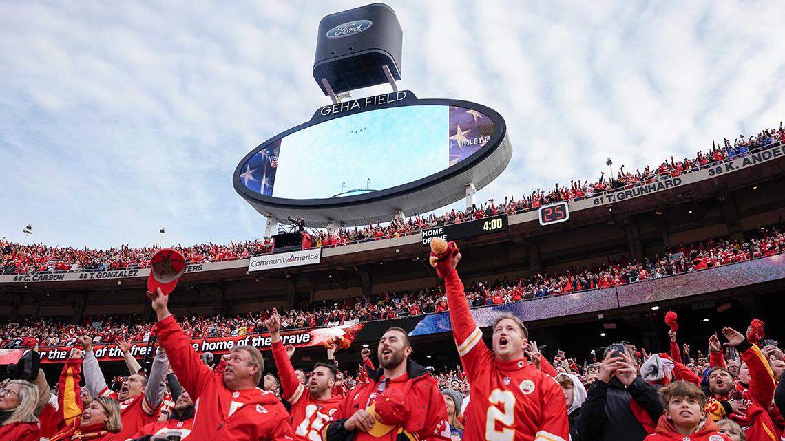 Dec 10, 2023; Kansas City, Missouri, USA; Fans cheer as a military flyover is performed prior to a game between the Kansas City Chiefs and Buffalo Bills at GEHA Field at Arrowhead Stadium. Mandatory Credit: Denny Medley-USA TODAY Sports