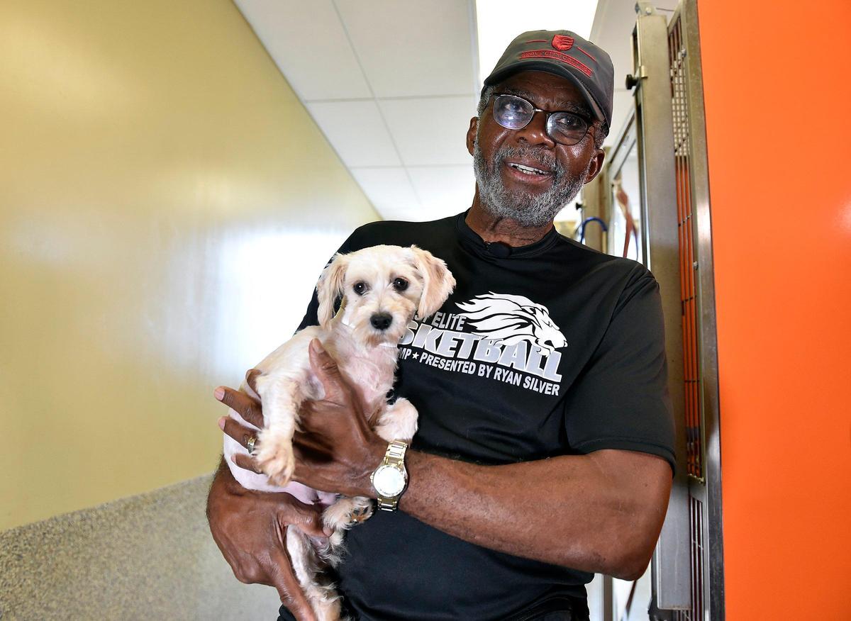 "Earlier when I was holding her, she was just shaking," actor Charlie Robins says of Laura, a Maltese mix at Great Plains SPCA. "Now she’s like, ‘Don’t go back to L.A. If you do, you got to take with me with you!’”