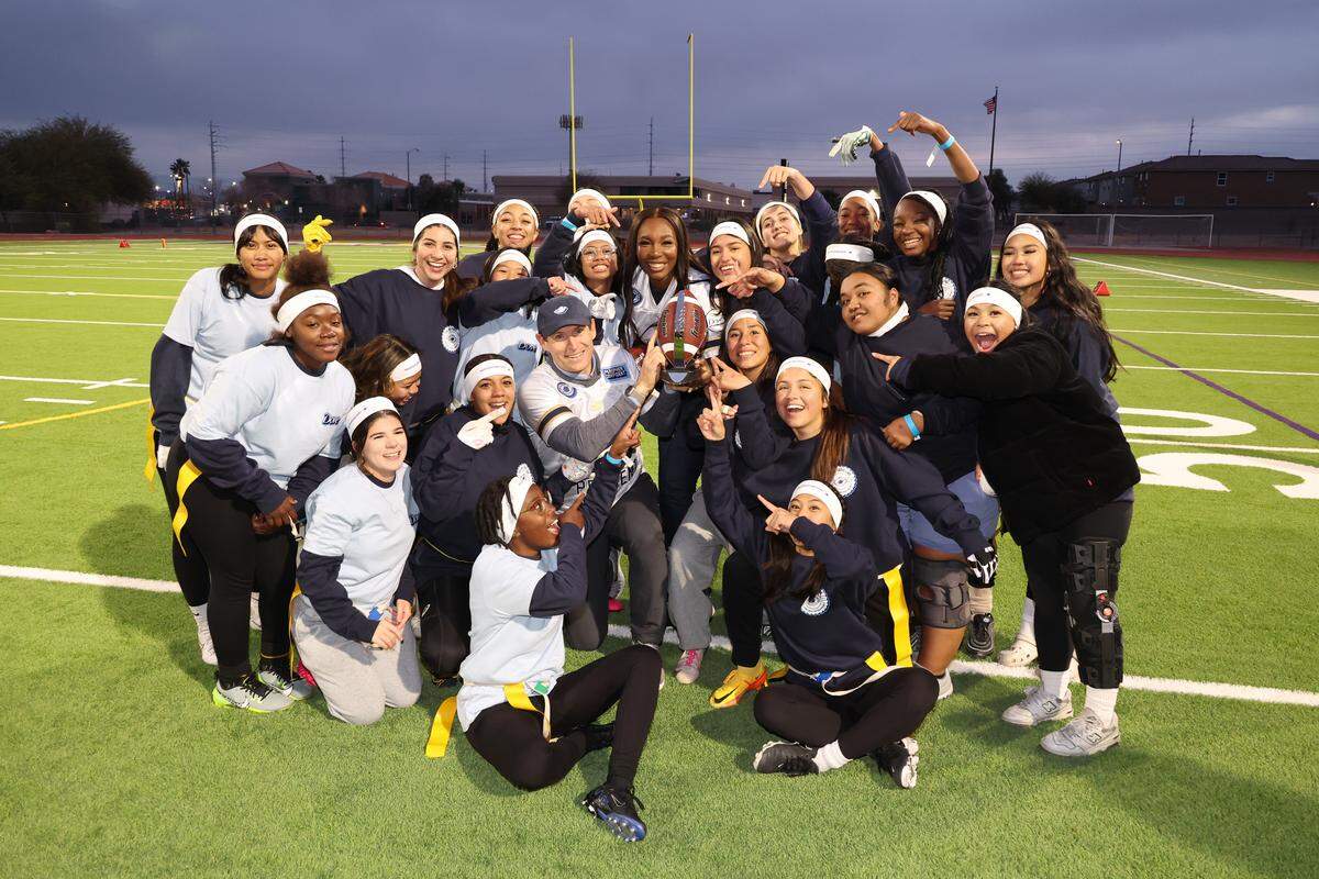 Steve Young and Venus Williams (C) and guests attend the Dove and GENYOUth Star Studded "45 Yard Line" flag football Game to #KeepHerConfident by Building Body Confidence for Girls in Sports on February 9, 2024 in Las Vegas.