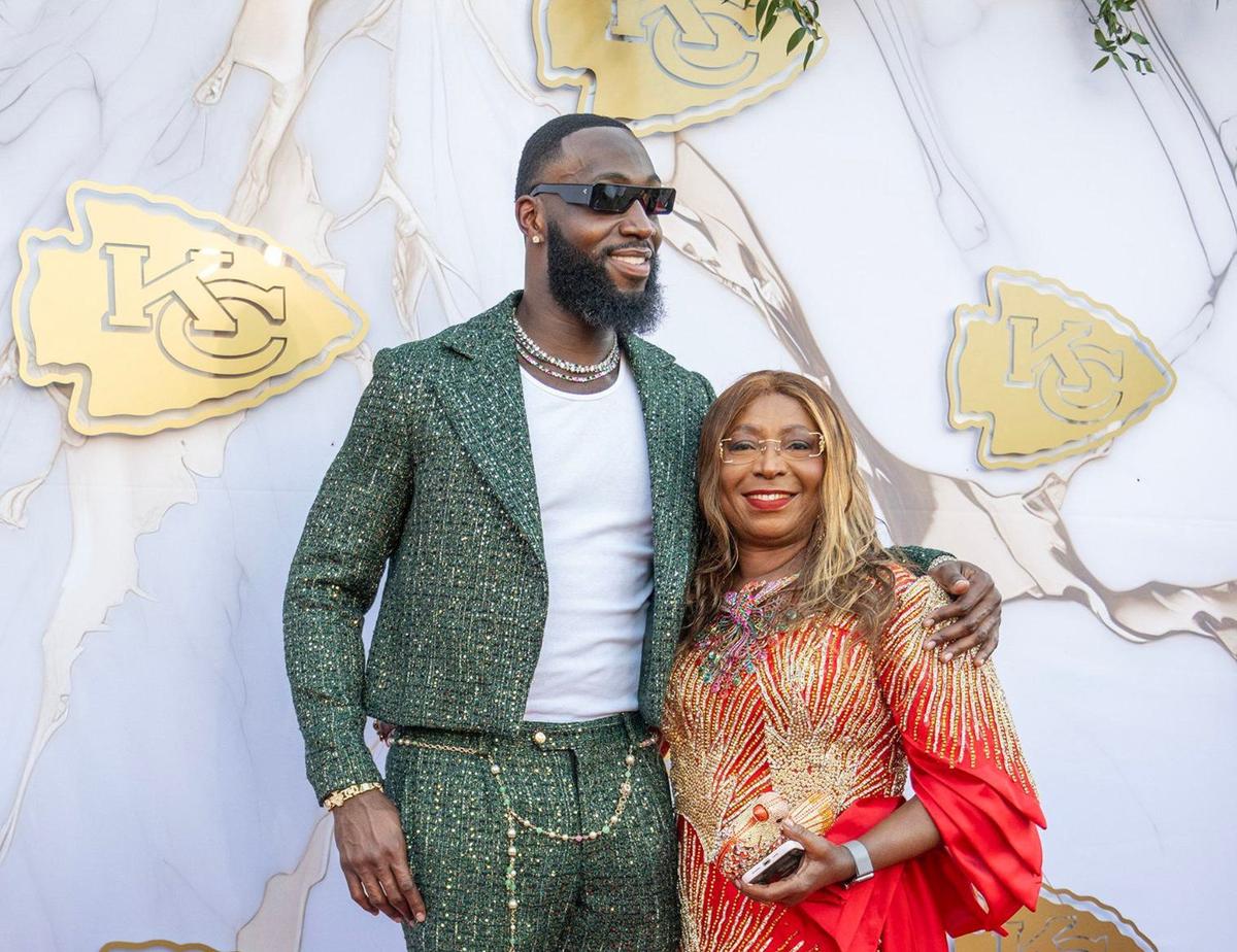 Chiefs defensive end Charles Omenihu walked the red carpet before the Super Bowl LVIII championship rings presentation event.