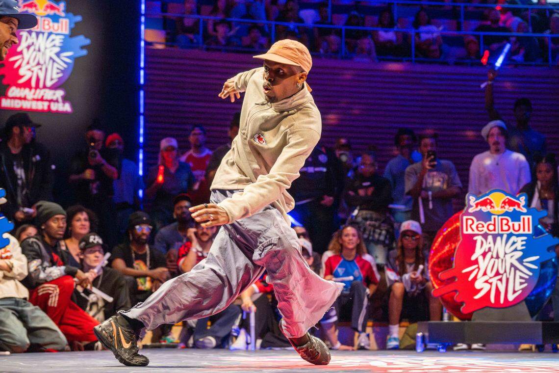 Law slides towards his opponent during the semifinal round battle of the Red Bull Dance Your Style Midwest Regional Qualifier, on Saturday, April 25, 2026, at the Kauffman Center for the Performing Arts. Jesse Sykes would advance to the final round.