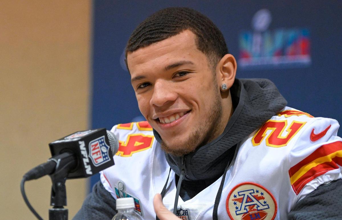 Kansas City Chiefs wide receiver Skyy Moore (24) answers questions during the team’s media availability Thursday, Feb. 9, 2023, in Scottsdale, Arizona.