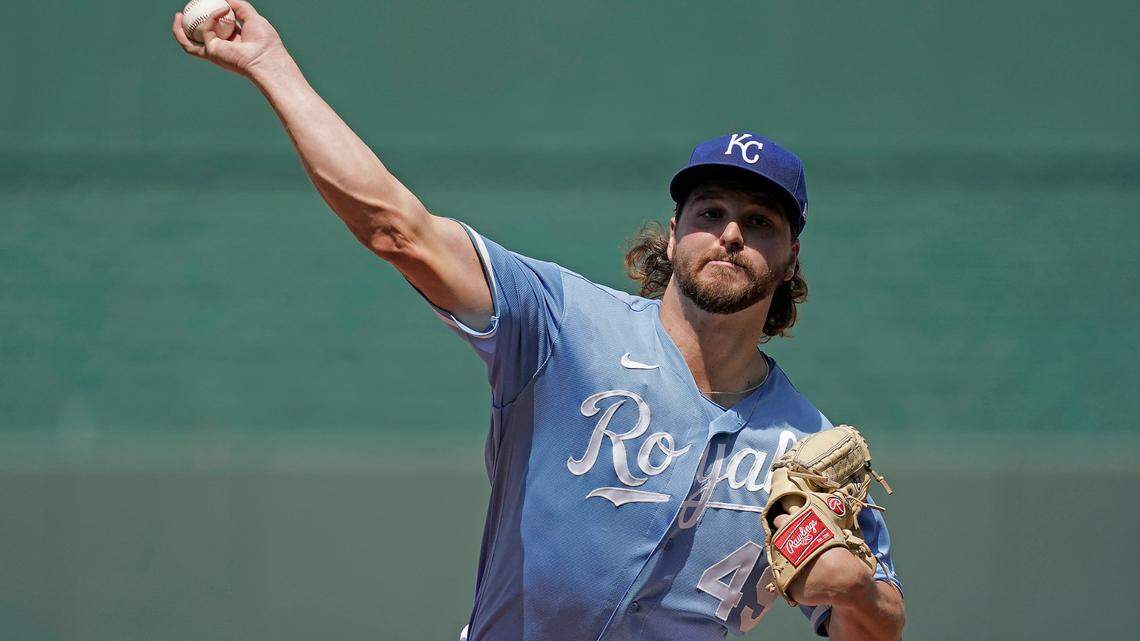 Kansas City Royals starting pitcher Jonathan Heasley throws during the first inning of a baseball game against the Cleveland Guardians Saturday, July 9, 2022, in Kansas City, Mo. (AP Photo/Charlie Riedel)