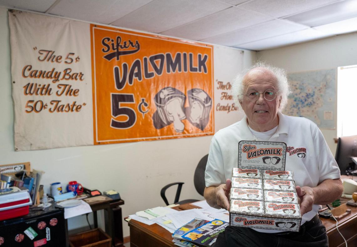Russ Sifers owns the fifth-generation Sifers Valomilk Candy Co., in Merriam, Kansas. He visited the company on Tuesday, June 24, 2025, and displays a stunt box of Valomilk candy cups, an item historically used for advertising.