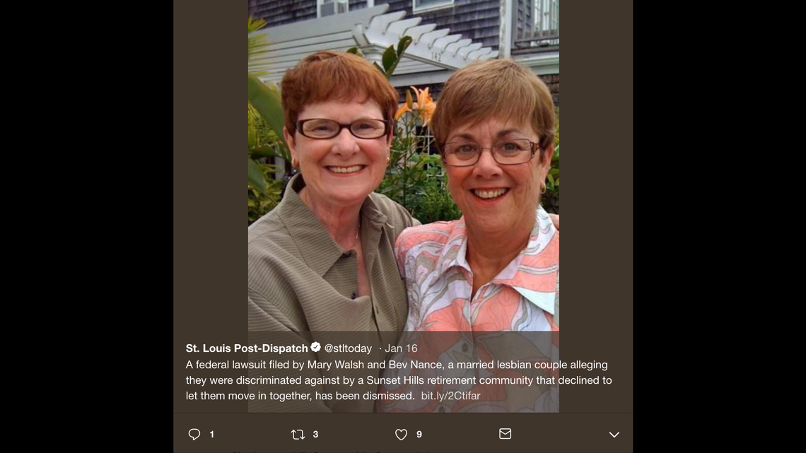 U.S. District Judge Jean Hamilton ruled Friendship Village Sunset Hills, a retirement home in Missouri, can legally discriminate against Mary Walsh and Beverly Nance, a lesbian couple, for their sexual orientation.