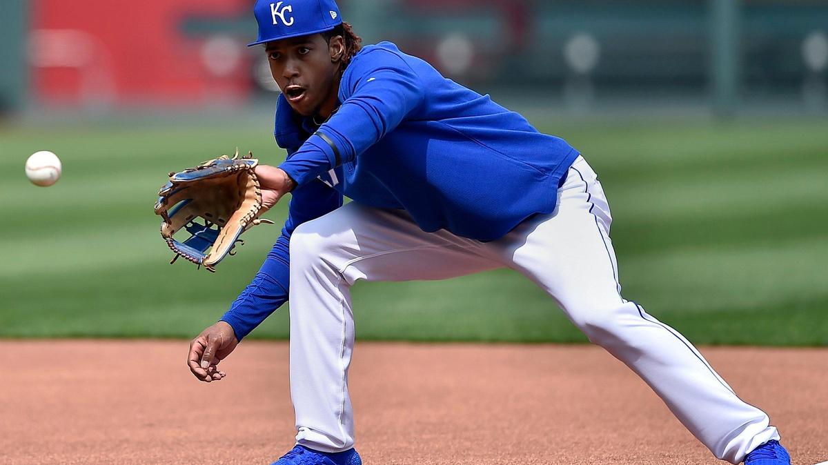 Adalberto Mondesi fields a ball during Kansas City Royals practice at Kauffman Stadium back in 2019.