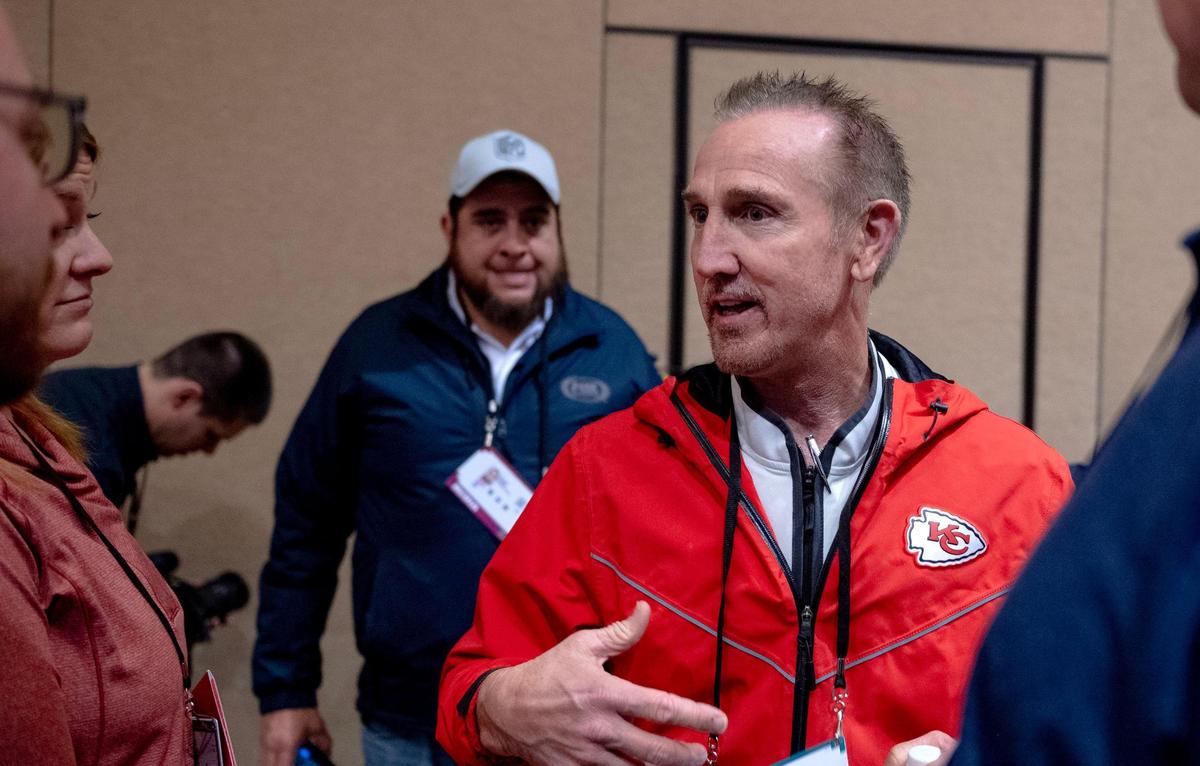 Kansas City Chiefs defensive coordinator Steve Spagnuolo speaks to media members during the team’s media availability on Thursday, Feb. 9, 2023, in Scottsdale, Ariz.