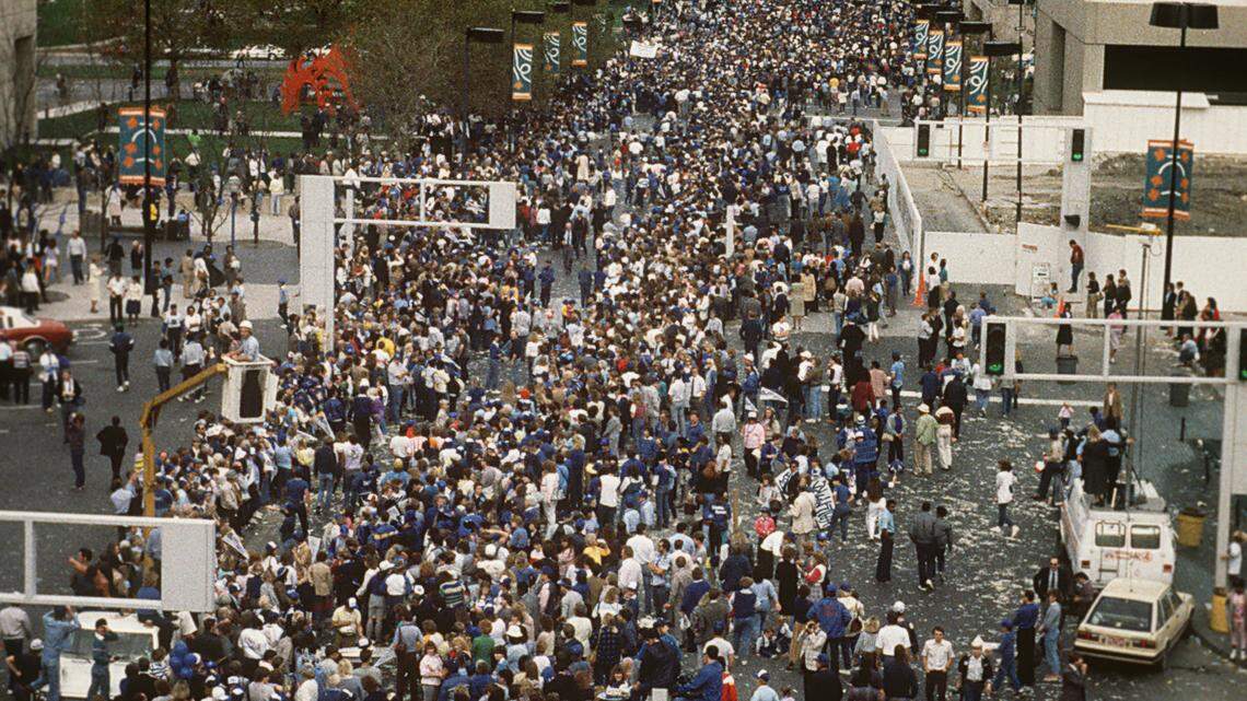Royals fans filled Grand Avenue from downtown south past Crown Center and across Main Street to the Liberty Memorial where team members and dignitaries gathered to make speeches. So much confetti clogged the streets that a hot car engine caused a small fire between 17th and 18th Streets.