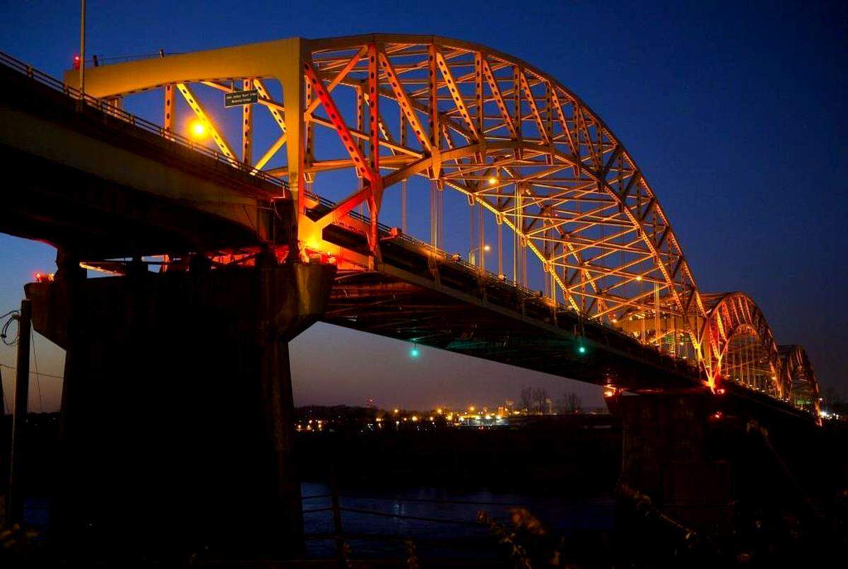 The aging Buck O’Neil Bridge, built in 1956, carries U.S. 169 over the Missouri River near the Wheeler Downtown Airport. Nearly 50,000 vehicles a day use the iconic triple-arch, steel-truss bridge.