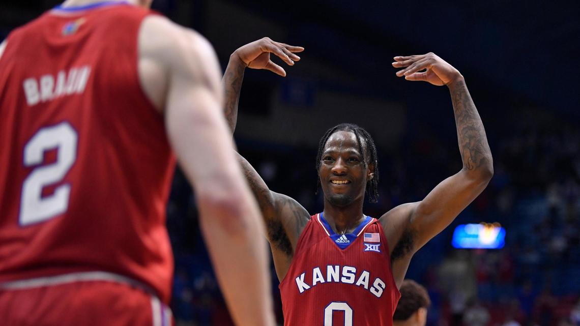 KU senior Marcus Garrett celebrates as the final seconds expire during the Jayhawks’ 71-58 win Saturday night over Baylor at Allen Fieldhouse (Feb. 27, 2021).