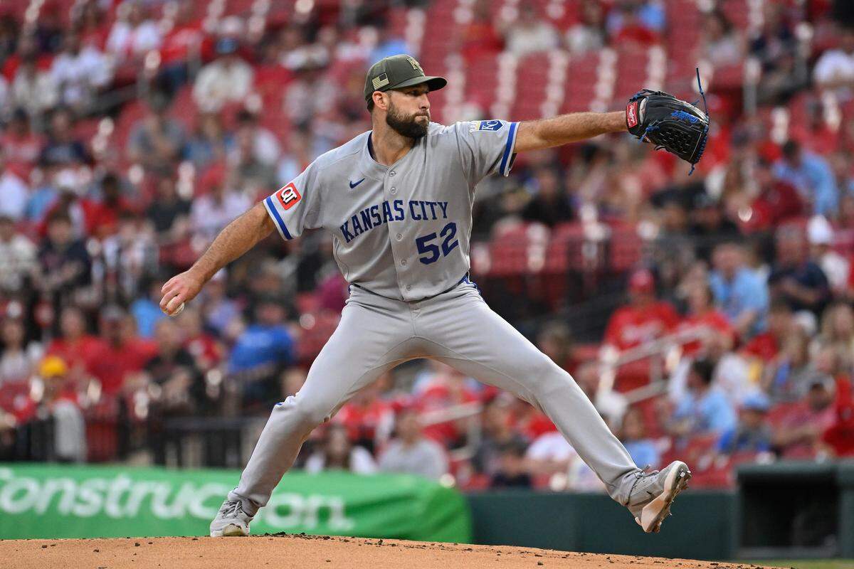 Kansas City Royals starting pitcher Michael Wacha, a former Cardinal, delivers against his old team at Busch Stadium in St. Louis on Friday, May 15, 2026.