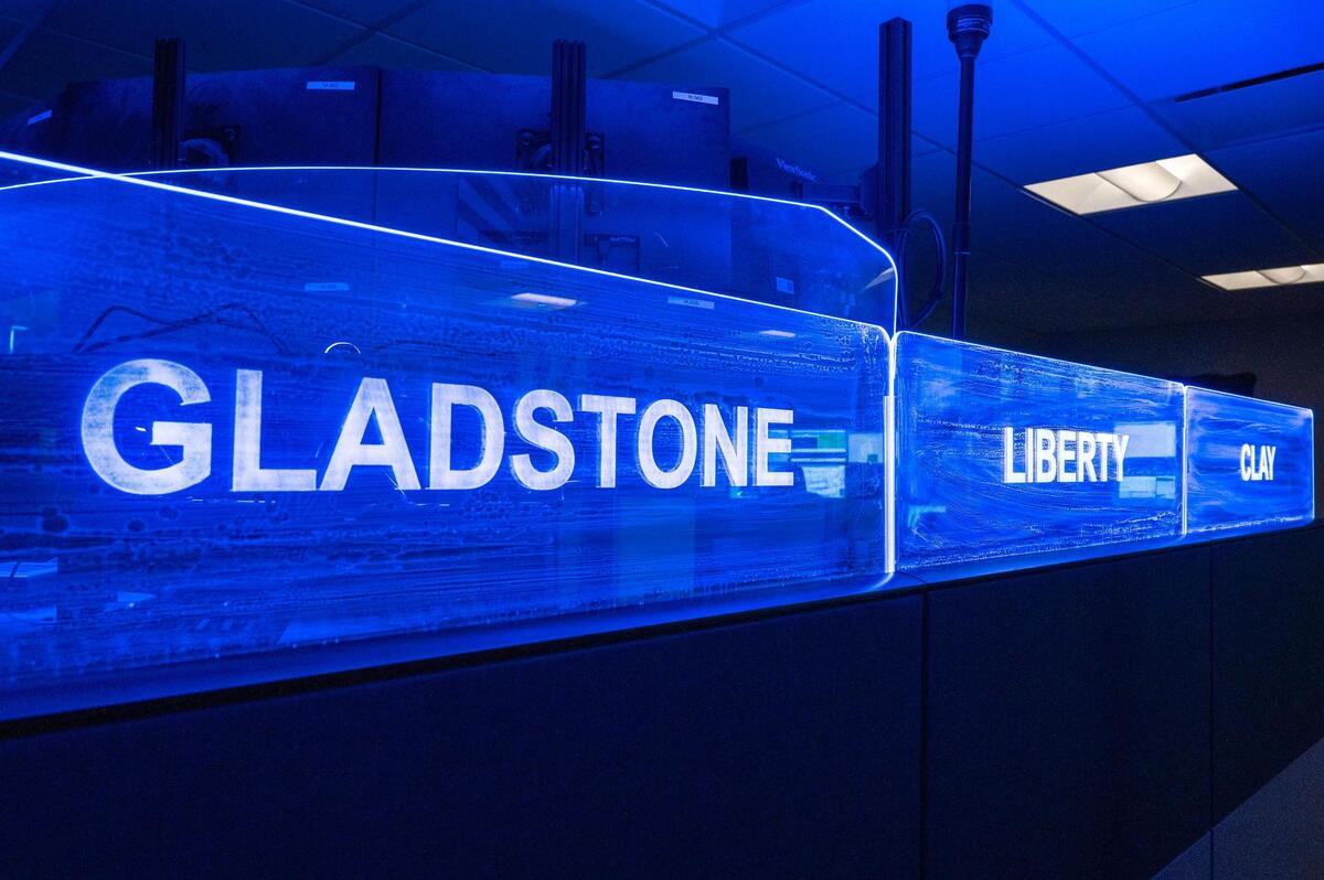 Colored lighting to reduce eye strain illuminates the working area of the Gladstone consolidated dispatch center.