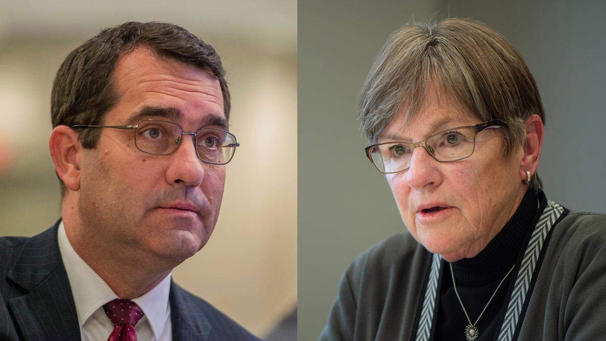Kansas Secretary of State Derek Schmidt, left, a Republican, is challenging incumbent Kansas Gov. Laura Kelly, a Democrat, in the race to serve as the state’s top official.
