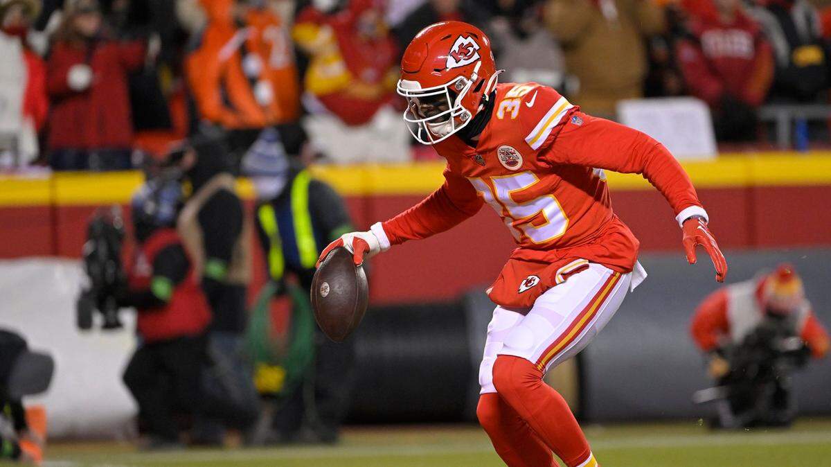 Chiefs cornerback Jaylen Watson (35) celebrates an interception during the first half against the Cincinnati Bengals in the AFC Championship Game on Sunday, Jan. 29, 2023, at GEHA Field at Arrowhead Stadium.