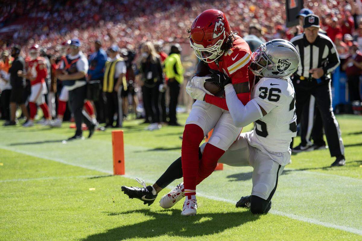 Chiefs wide receiver Rashee Rice scores his second touchdown of an NFL Week 7 game against the Las Vegas Raiders on Sunday, Oct. 19, 2025 at GEHA Field at Arrowhead Stadium in Kansas City. 