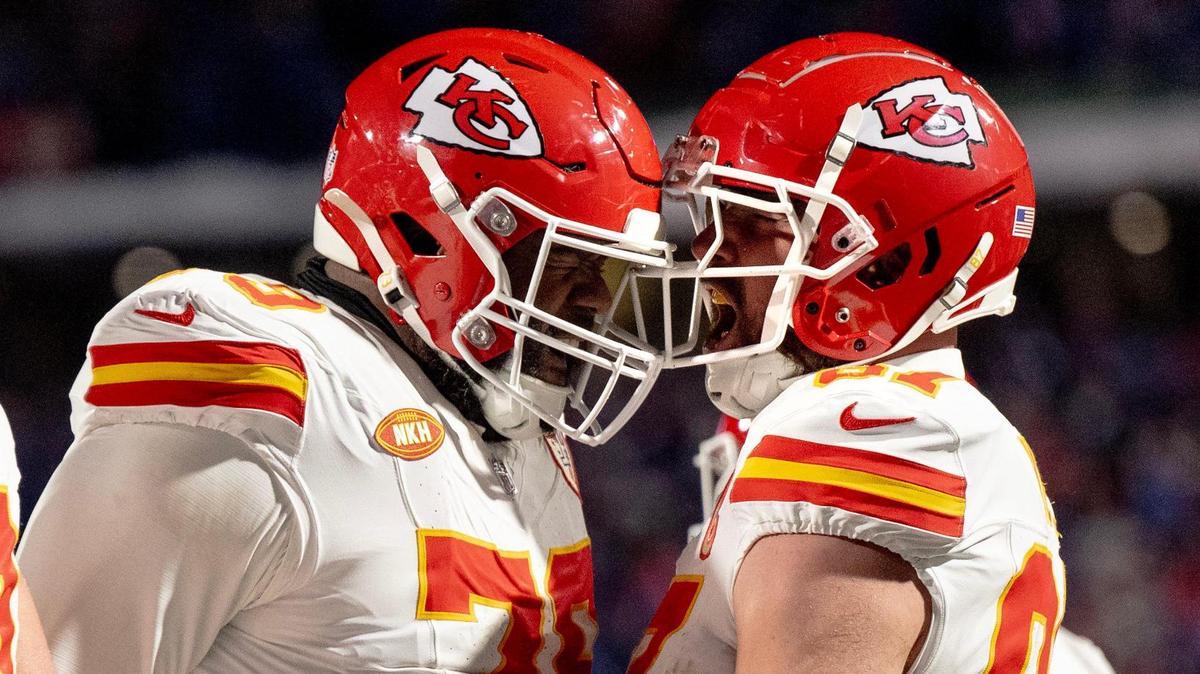 Kansas City Chiefs tight end Travis Kelce (87) celebrates his second receiving touchdown of the game with offensive tackle Donovan Smith (79) during an AFC Divisional Round playoff game against the Buffalo Bills at Highmark Stadium on Sunday, Jan. 21, 2024, in Orchard Park, New York.