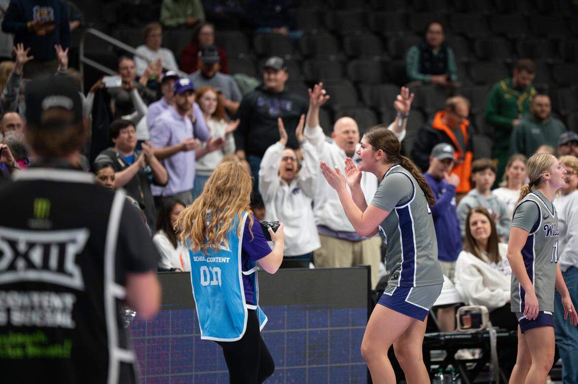 Kansas State Wildcats guard Jordan Speiser (23) celebrates with fans after the game against Oklahoma State during the Big 12 Women’s Basketball Tournament.