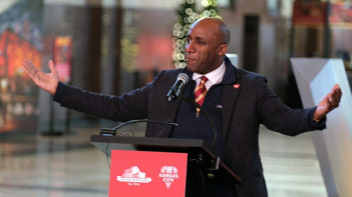 Kansas City Mayor Quinton Lucas speaking at a press conference Monday afternoon about what to expect for the Super Bowl parade Feb. 14. Poking out of his sleeve on his left wrist is a friendship bracelet.