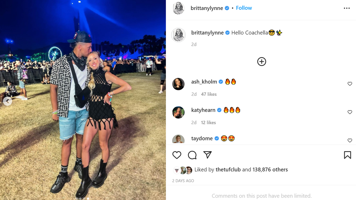 Brittany and Patrick Mahomes at Coachella in Indio, California, from her Instagram, @brittanylynne.