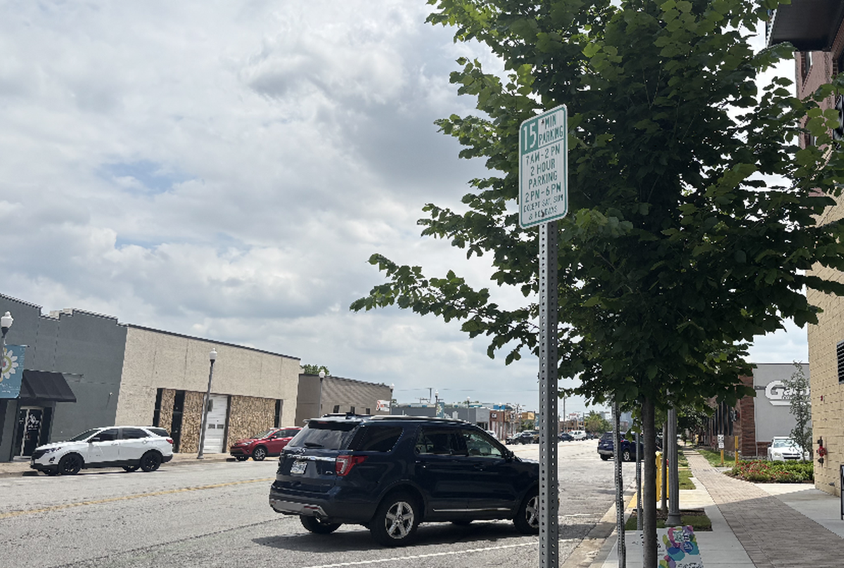 Parking signs along Swift Street in North Kansas City.