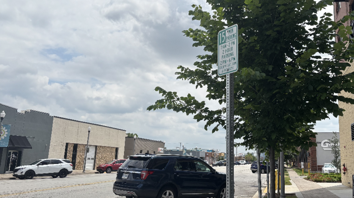 Parking signs along Swift Street in North Kansas City.