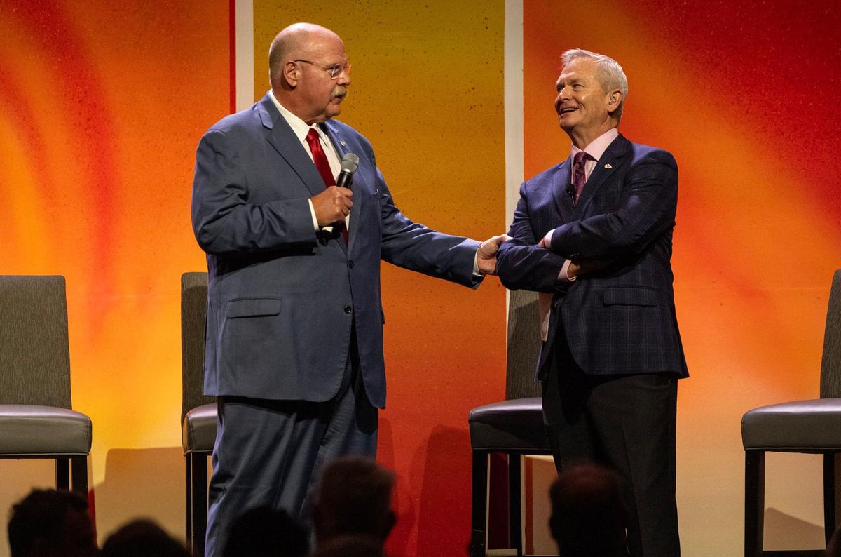 Chiefs Head Coach Andy Reid talks on stage with Chiefs announcer Mitch Holthus during the 2024 Chiefs Kickoff Luncheon on Wednesday, August 28, at the Loews Kansas City Hotel.