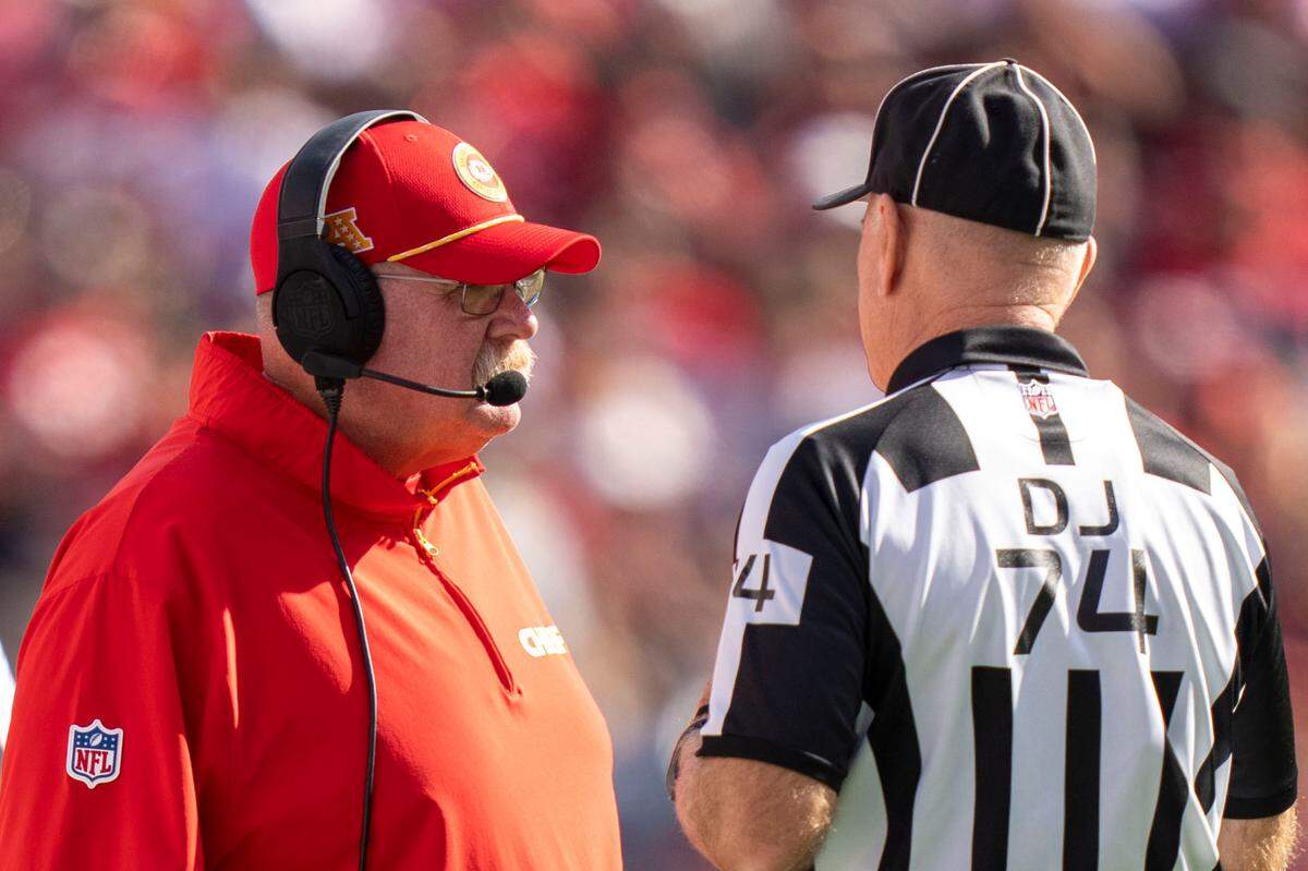 Kansas City Chiefs head coach Andy Reid talks to down judge Derick Bowers (74) during the second quarter against the San Francisco 49ers at Levi’s Stadium.