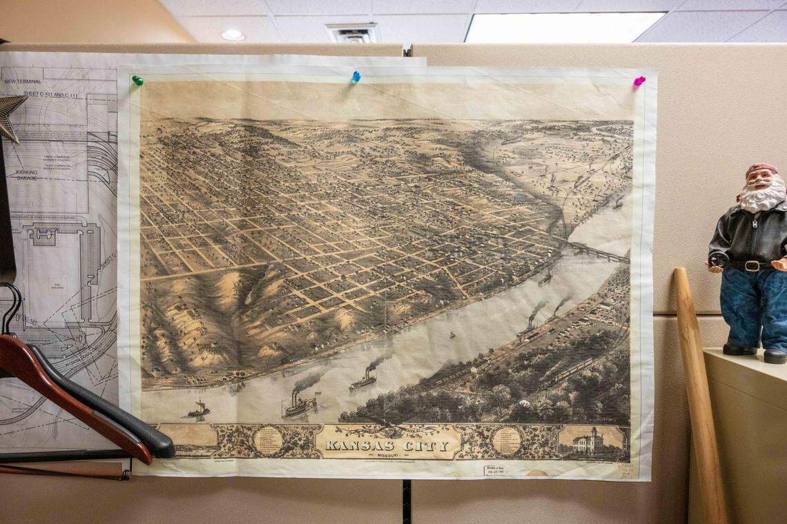 An old rendering of the riverfront area of Kansas City at the offices of Taliaferro & Browne, Inc, on Wednesday, February 11, 2026. Kansas City's first Black owned engineering firm, the company has been involved in landmark projects such as the Power & Light District, Kauffman Performing Arts Center, and the ongoing 18th and Vine District initiative.