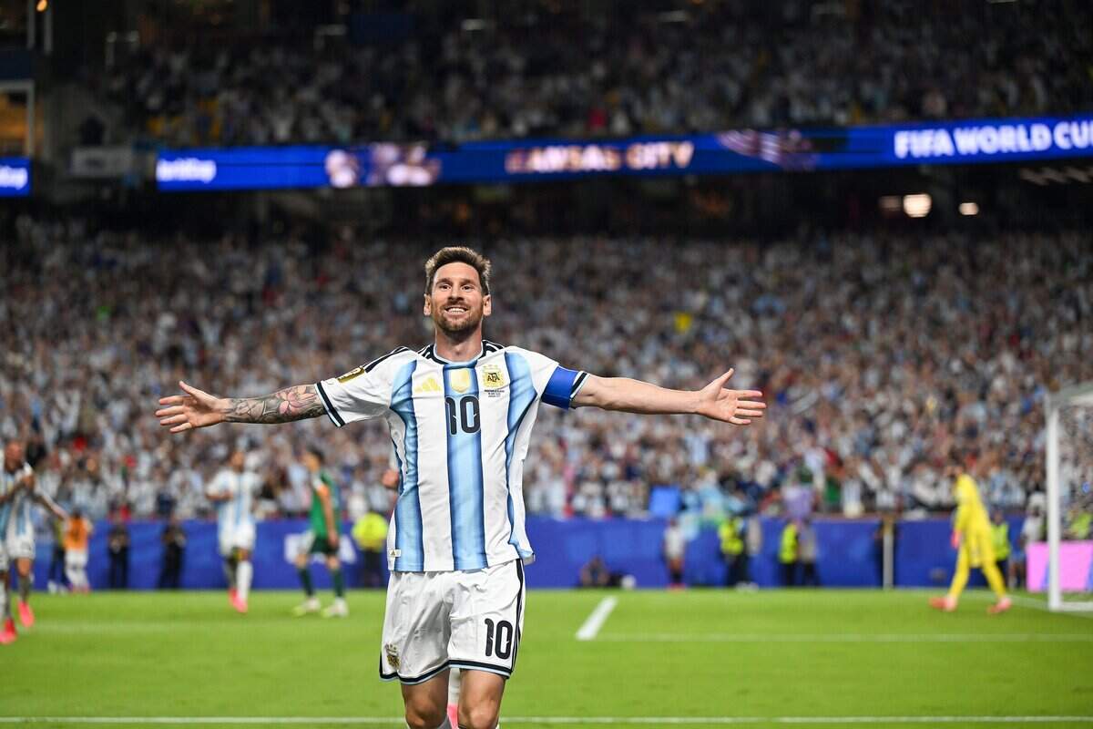Argentina forward Lionel Messi (10) celebrates after his second goal in the Argentina vs. Algeria FIFA World Cup group-stage soccer match at Kansas City (Arrowhead) Stadium in Kansas City on Tuesday, June 16, 2026.