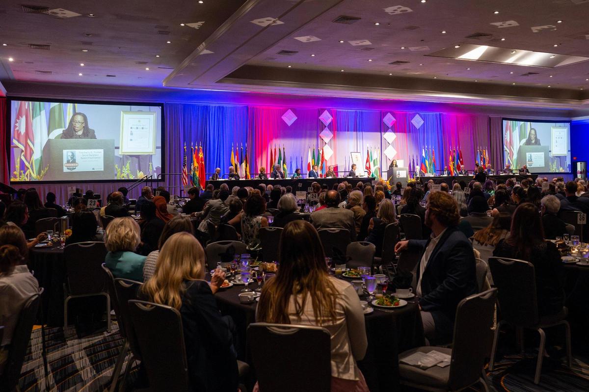 Attendees watch as U.S. Supreme Court Justice Ketanji Brown Jackson delivers a speech after receiving the Harry S. Truman Good Neighbor Award during the Truman Foundation Annual Luncheon at the Kansas City Marriott Downtown on Thursday.