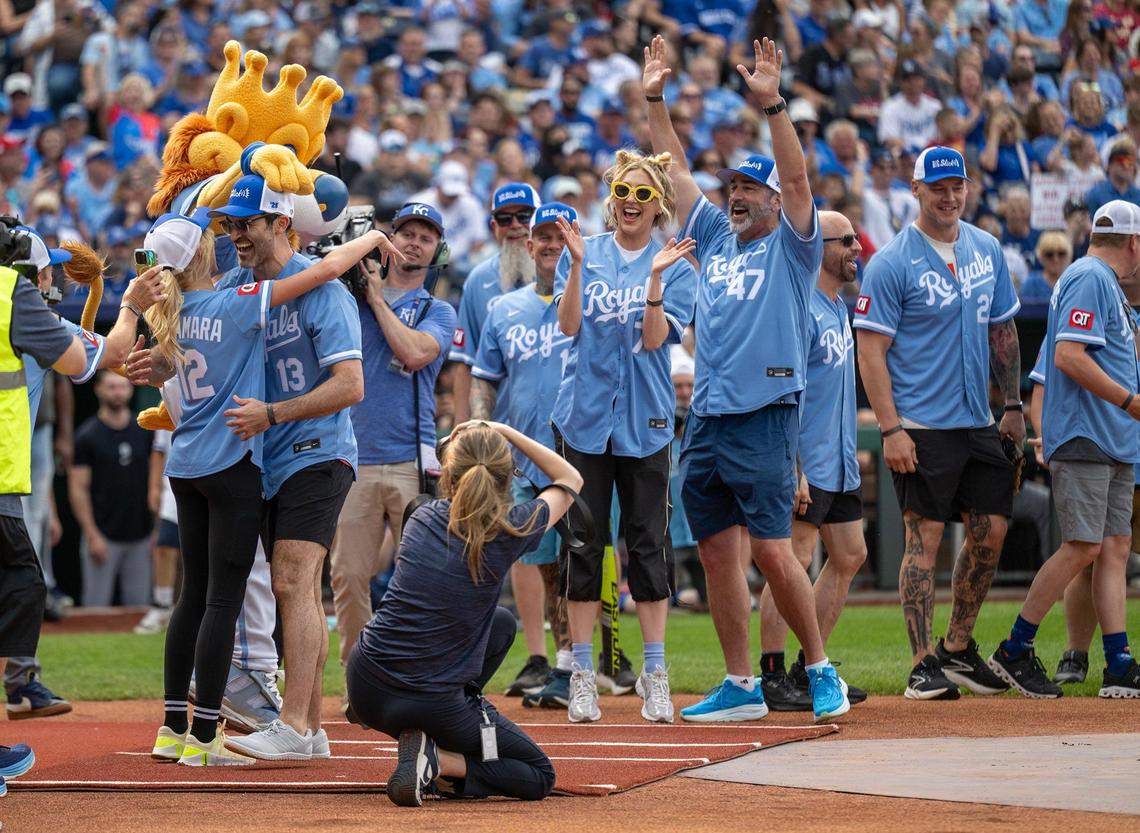 Sal Vulcano, (13) comedian and actor, celebrates a home run during the Big Slick Celebrity Softball game on Friday, May 30, 2025, at Kauffman Stadium in Kansas City.
