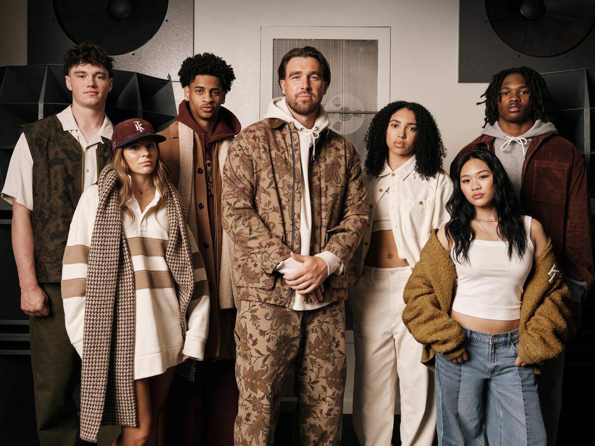 Chiefs tight end Travis Kelce, center, tapped fellow athletes to promote his new limited-edition sportswear collection with American Eagle. The collection dropped Wednesday.