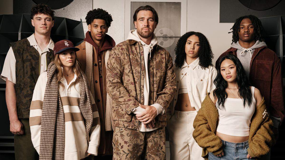 Chiefs tight end Travis Kelce, center, tapped fellow athletes to promote his new limited-edition sportswear collection with American Eagle. The collection dropped Wednesday.