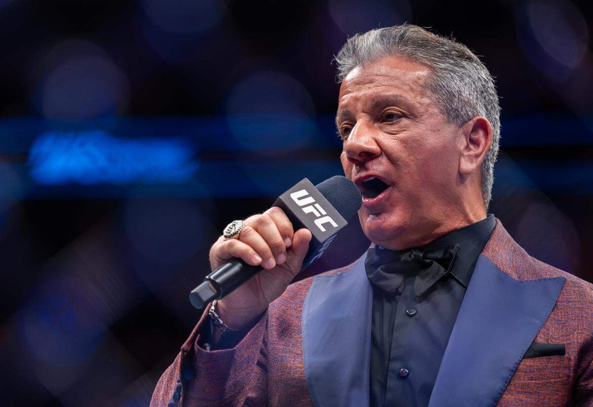 UFC announcer Bruce Buffer introduces a fight at the T-Mobile Center in Kansas City on Saturday night during UFC Fight Night: Machado Garry vs. Prates
