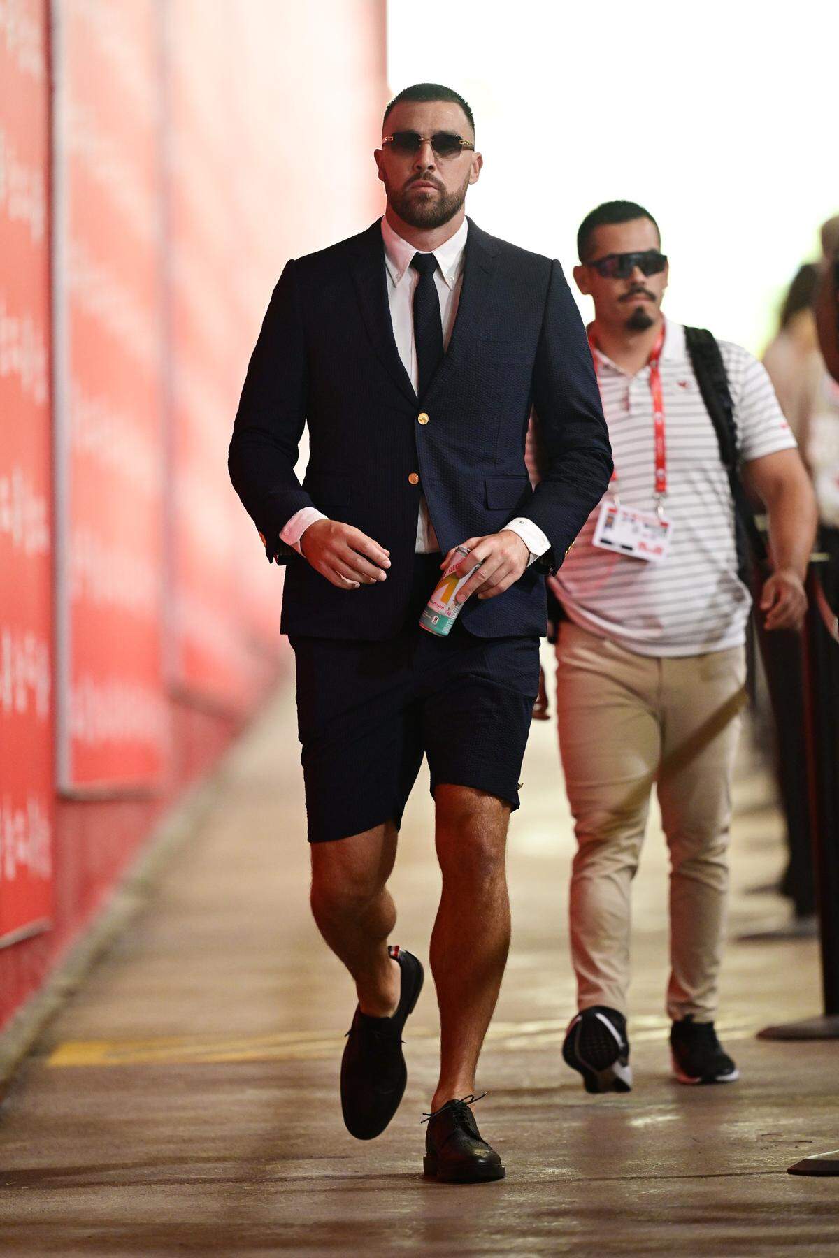 Kansas City Chiefs tight end Travis Kelce arrives before playing the Philadelphia Eagles on Sunday, Sept. 14, 2025, at GEHA Field at Arrowhead Stadium.